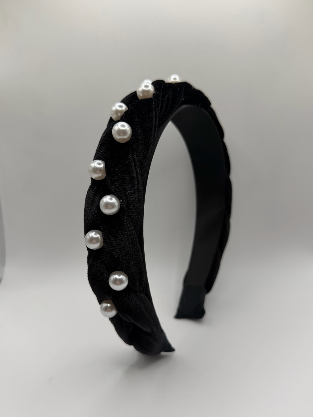 Black Velvet Braided Headband With Pearls